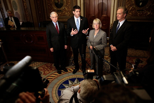 Leaders of a bipartisan House-Senate budget committee -- (l-r) Sen. Jeff Sessions, R-Ala., Rep. Paul Ryan, R-Wisc., Sen. Patty Murray, D-Wash., and Rep. Chris Van Hollen, D-Maryland -- speak to reporters at the Capitol on Thursday morning following their initial meeting. (Win McNamee/Getty Images)
