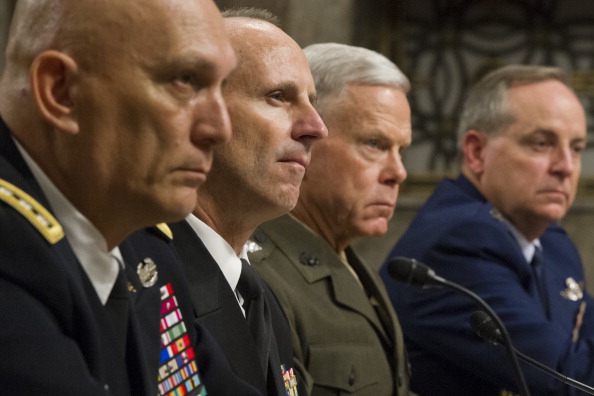 (L-R) Army Chief of Staff Gen. Raymond Odierno , Chief of Naval Operations Adm. Jonathan Greenert, Marine Commandant Gen. James Amos, and Chief of Staff of the Air Force Gen. Mark Welsh testify on before SASC last Thursday. (Saul Loeb/AFP/via Getty Images)