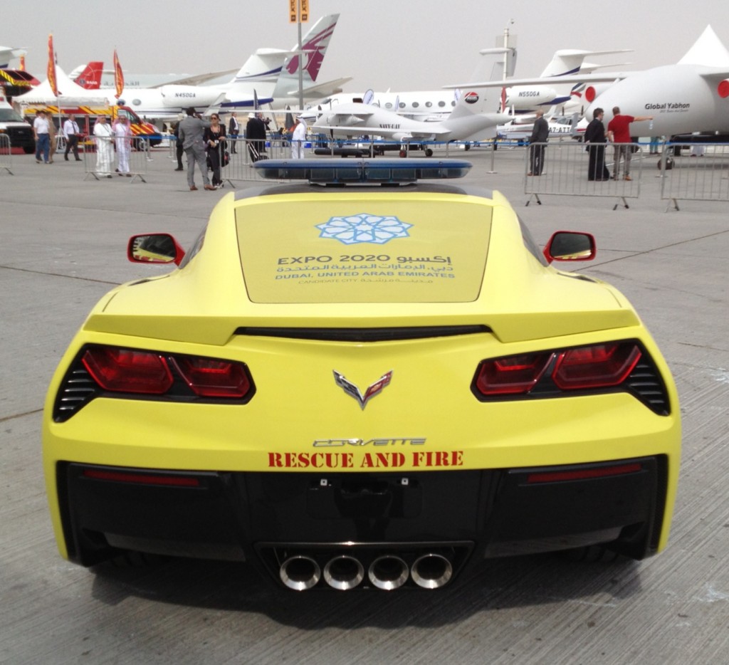 A Fire and Rescue Chevy Corvette sits on the fligh line at the Dubai Airshow.