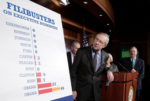 Senate Majority Leader Harry Reid at a Thursday press conference with other Democratic leaders after the Senate passed the 'nuclear option'. (Win McNamee/Getty Images)