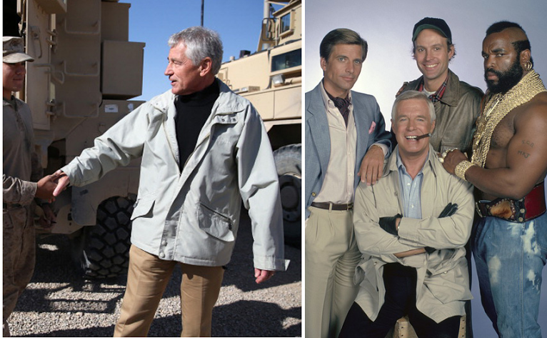 We bet Defense Secretary Chuck Hagel (left), like his kind-of-doppelganger Col. Hannibal Smith (George Peppard), loves it when a plan comes together... (Staff image composed of Getty Images and Flickr images)