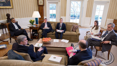President Barack Obama meets with National Security staff in the Oval Office, March 8, 2012. Clockwise from the President are: Jeff Eggers, Director for Afghanistan and Central Region; David Holmes, Director for Afghanistan; Avril Haines, Deputy Counsel to the President; Dennis McDonough, Deputy National Security Advisor; National Security Advisor Tom Donilon; and Lt. Gen. Doug Lute, Senior Director for Afghanistan and Pakistan. (Official White House Photo by Pete Souza)
