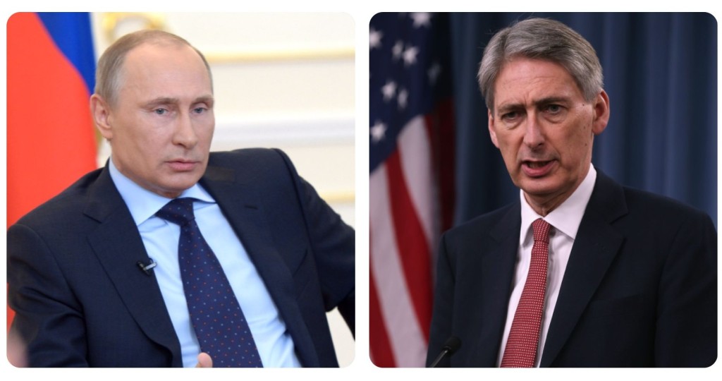 Russian President Vladimir Putin (left) and British Defense Secretary Philip Hammond (right). (Putin: ALEXEY NIKOLSKY/AFP/Getty Images, Hammond: Mark Wilson/Getty Images)