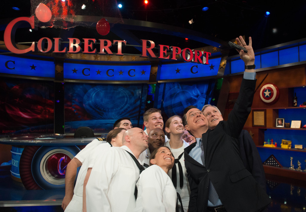 Navy Secretary Ray Mabus and Stephen Colbert take a selfie sailors during Fleet Week 2014 in New York City. (US Navy photo by Mass Communication Specialist 1st Class Arif Patani)