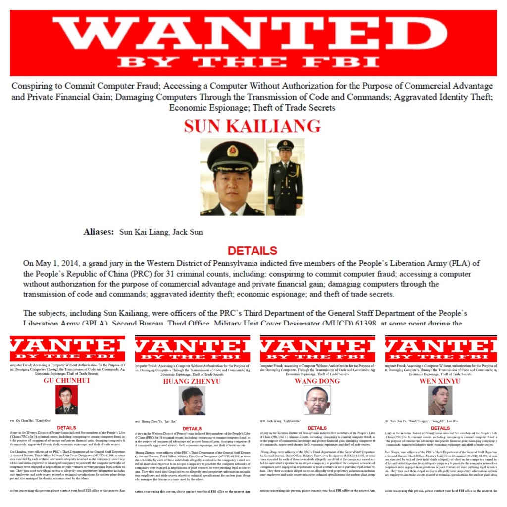 FBI wanted posters for five members of the People's Liberation Army charged by the US Justice Department with hacking and cyber espionage against six American companies. (FBI)
