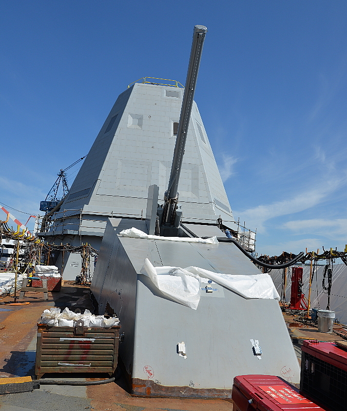Closeup of the No. 2 155 mm gun, known as an Advanced Gun System. These will be the largest guns fitted on any post-World War II warship design. 