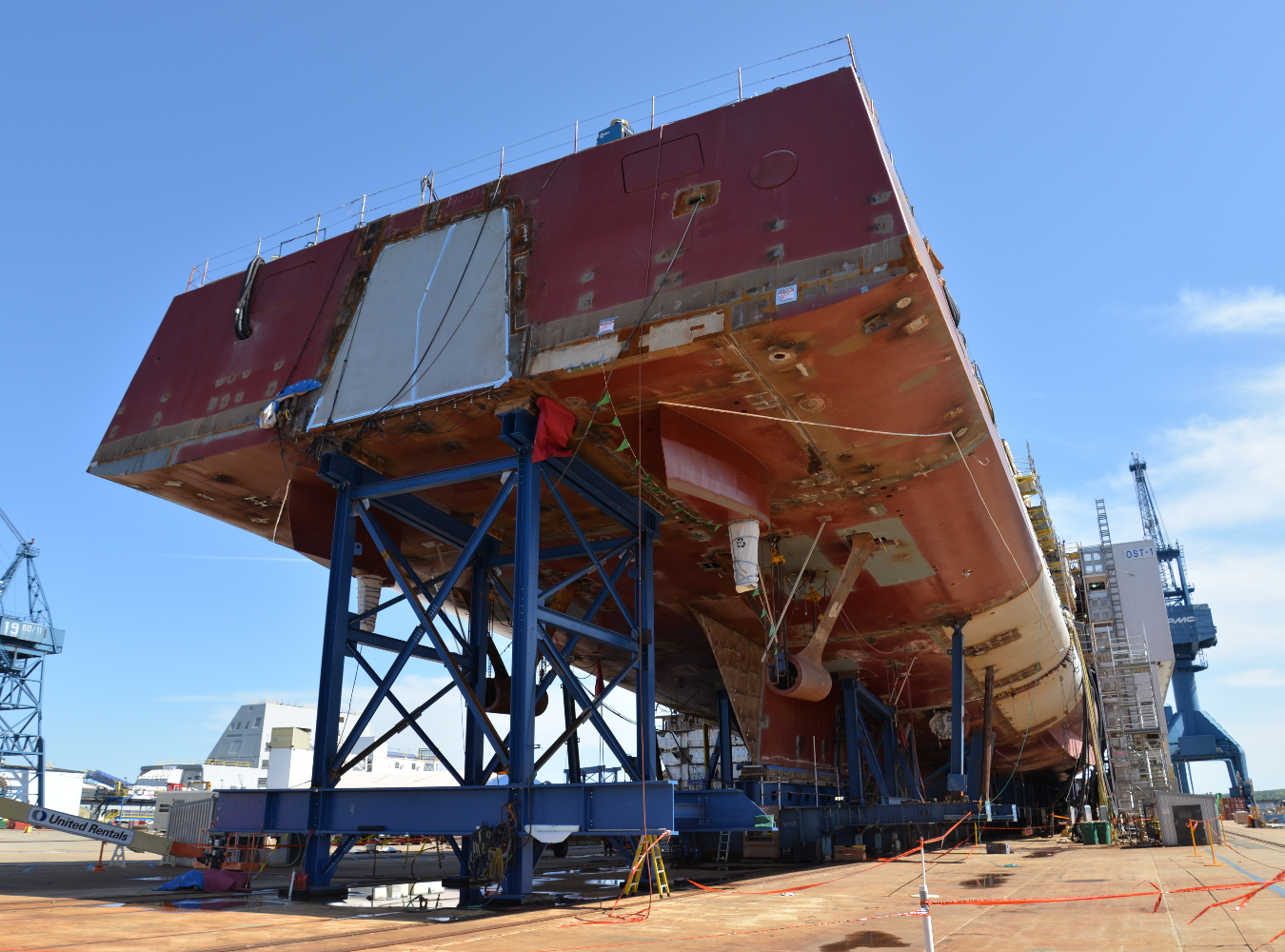 The stern section still awaits installation of the rudders, propellers and propeller shafts. 