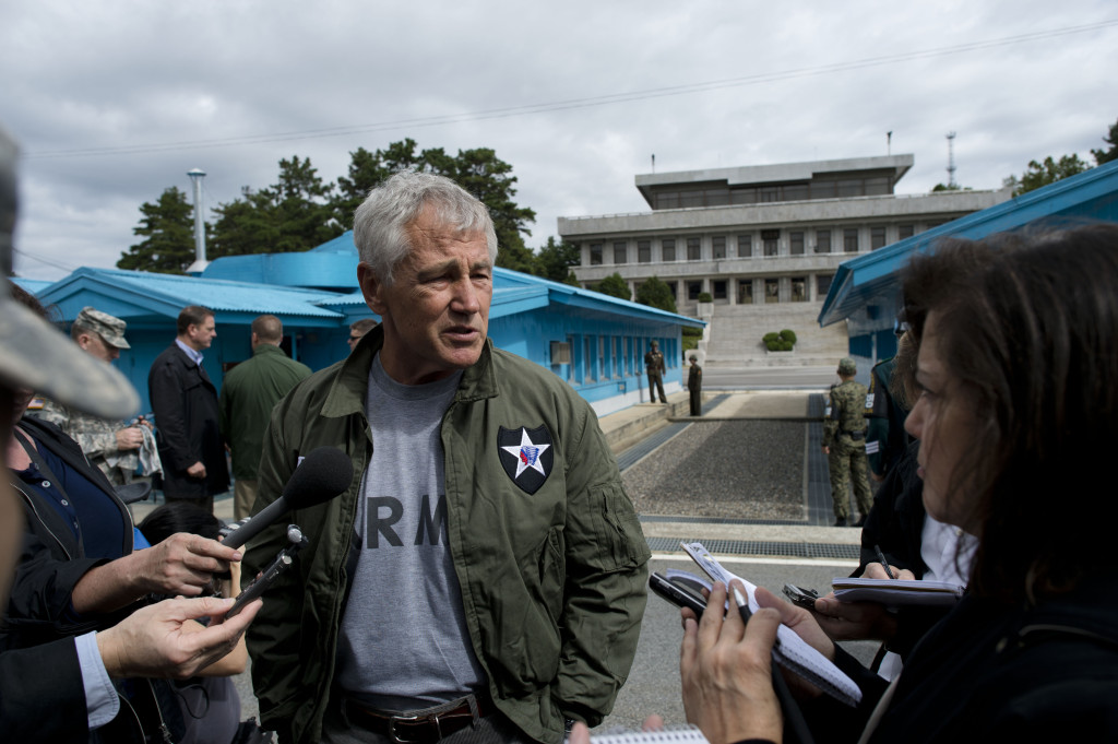 Hagel sports a gray Army work-out T-shirt and jacket during a September 2013 visit to South Korea. (Erin A. Kirk-Cuomo/DoD)