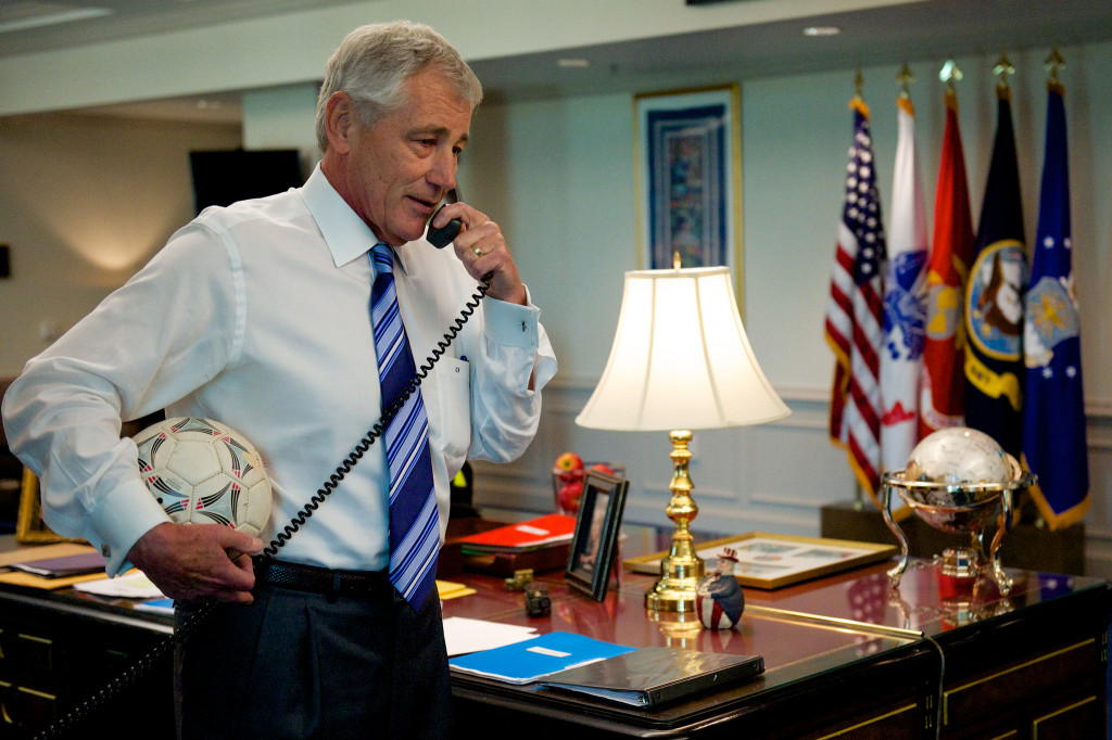 Defense Secretary Chuck Hagel calls goalkeeper Tim Howard of the US men's national soccer team to thank him for defending the United States of America at the World Cup. (DoD photo by Casper Manlangit)