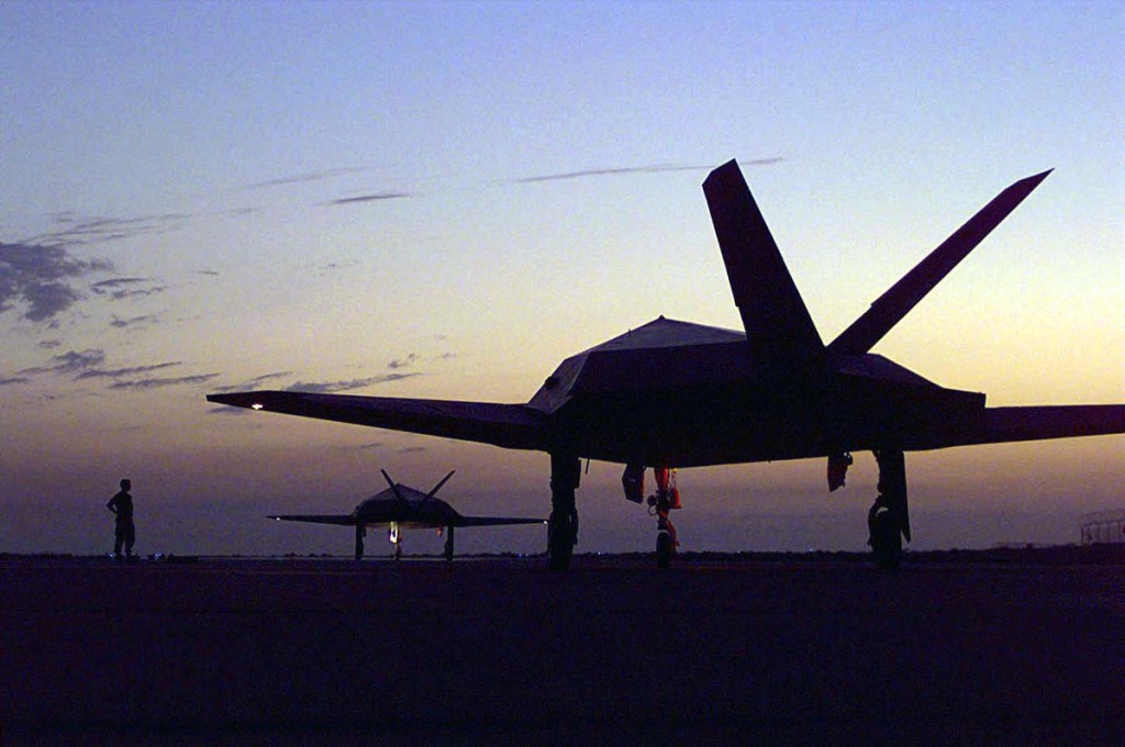 Several F-117 Nighthawks belonging to the 8th Fighter Squadron, 49th Fighter Wing, Holloman Air Force Base, New Mexico, hold for takeoff on March 13, 1998. (Air Force)