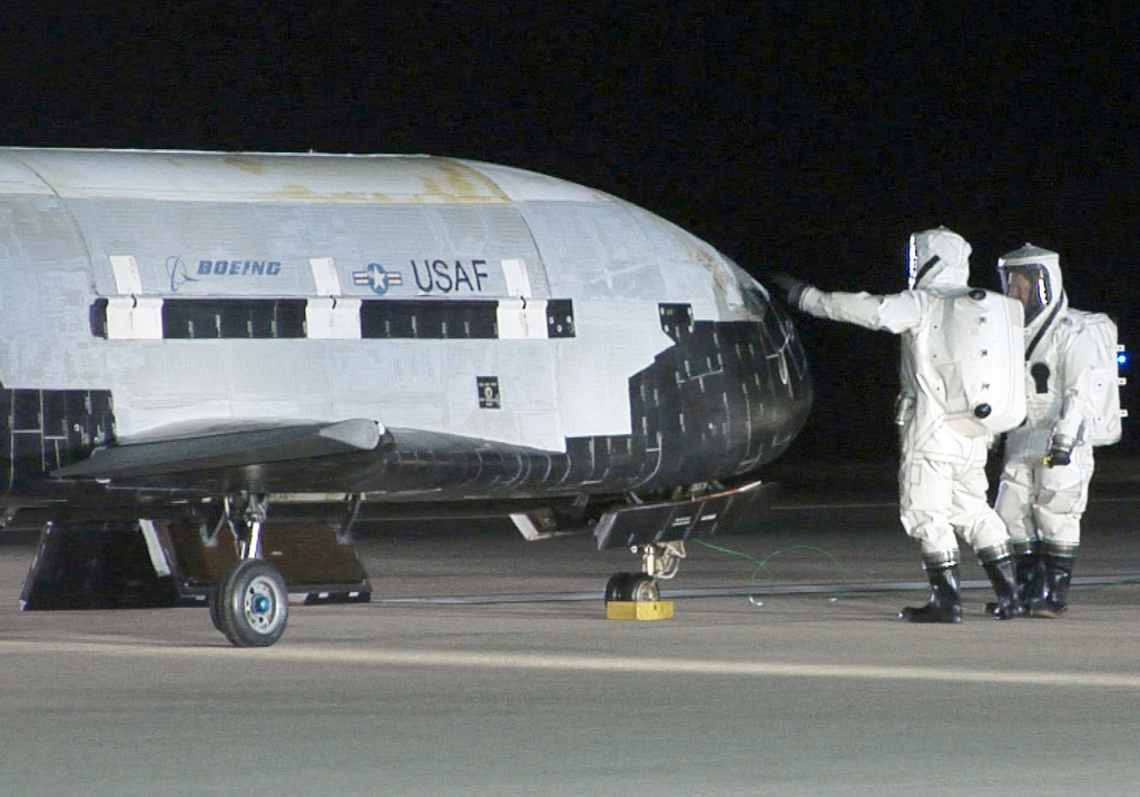 The X-37B is inspected after a landing in Dec. 2010. 