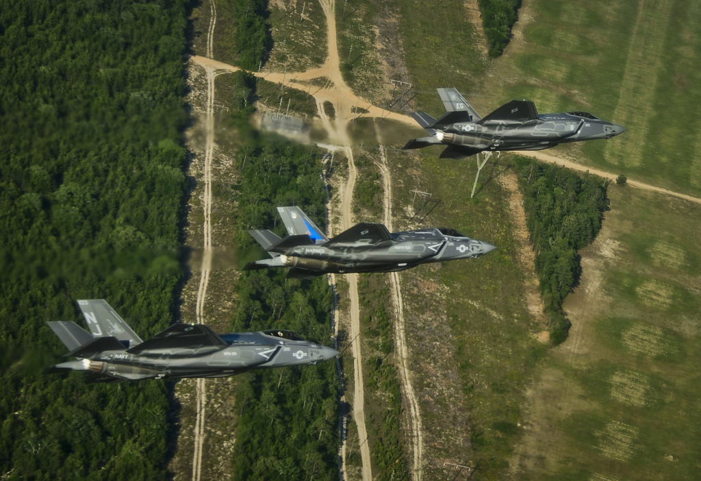 All three variants of the F-35 fly in May of 2014 near Eglin Air Force Base. The Air Force intends to use the F-35 in close air support operations. (US Air Force)